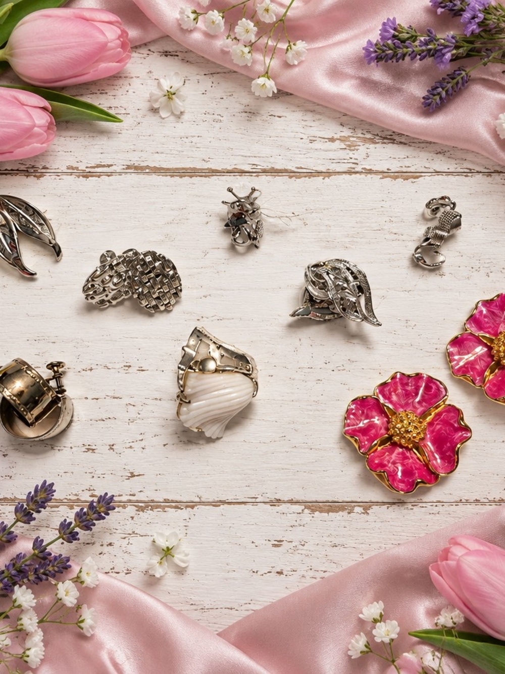 Silver-Tone&Floral Clip-On/ Screwback Earrings, 8 Set with Pink Enamel Flower-